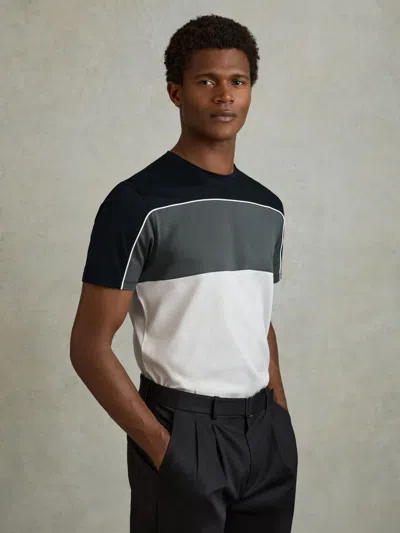 Reiss Navy/white Mercerised Cotton Colourblock Crew Neck T-shirt In Multi