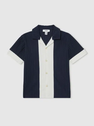 Reiss Navy/white Plissé Colour-block Shirt In Multi