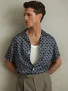 Reiss Navy/white Printed Cuban Collar Shirt