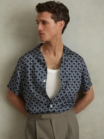 Reiss Navy/white Printed Cuban Collar Shirt