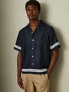 Reiss Navy/white Sharday Embroidered Trim Cuban Collar Shirt