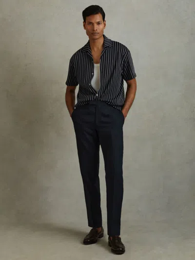 Reiss Navy/white Ribbed Striped Cuban Collar Shirt In Multi