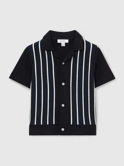REISS NAVY/WHITE STRIPE CUBAN-COLLAR SHIRT