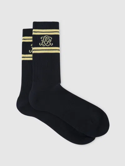 Reiss Navy/yellow Maurice Monogram Cotton-blend Ribbed Socks In Black