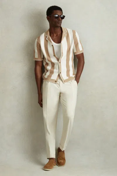 Reiss Naxos - Stone/optic White Knitted Cuban Collar Shirt, M