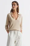 Reiss Camel Nellie Knitted Collared V-neck Top In Brown