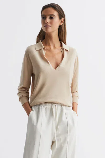 Reiss Camel Nellie Knitted Collared V-neck Top In Brown