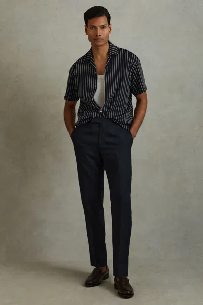 Reiss Navy/white Neptune Ribbed Striped Cuban Collar Shirt In Navy/white