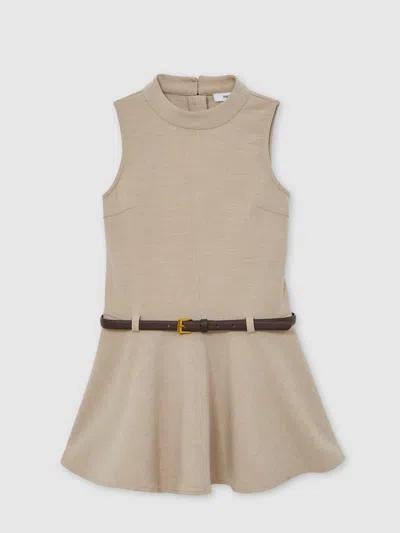 Reiss Kids' Neutral 13-14 Yrs Drop Waist Belted Sleeveless Dress In Brown
