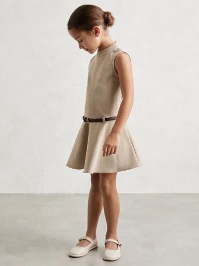 Reiss Neutral 9-13 Yrs Drop Waist Belted Sleeveless Dress In Multi