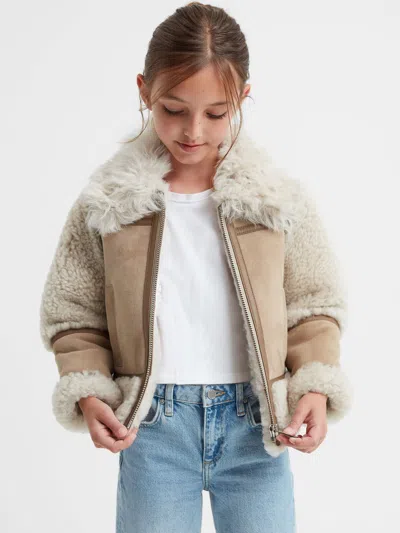 Reiss Neutral 4-9 Yrs Suede Sheepskin Zip-through Jacket