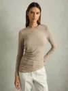 Reiss Neutral Asymmetric Ruched Top With Wool