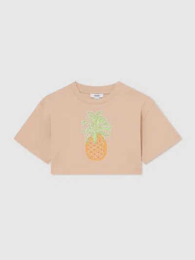 Reiss Kids'  Neutral Bertie 3-9 Yrs Cotton Embroidered Cropped T-shirt In Pink