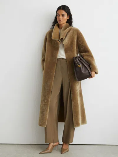 Reiss Neutral Bex Reversible Shearling Belted Longline Coat In Multi