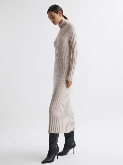 Reiss Neutral Cady Knitted Roll Neck Midi Dress In White