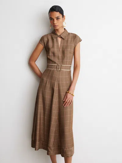 Reiss Neutral Check Collared Check Belted Midi Dress