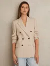 Reiss Neutral Check Petite Double Breasted Check Blazer With Wool