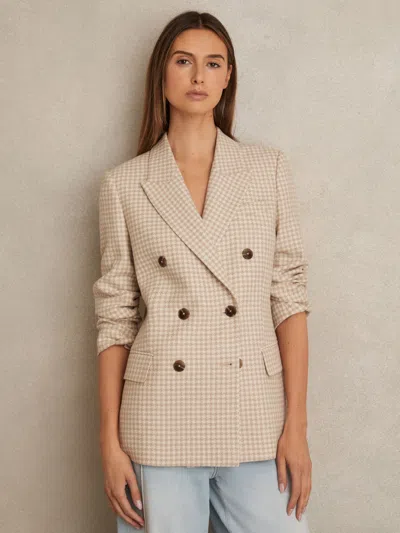 Reiss Neutral Check Petite Double Breasted Check Blazer With Wool