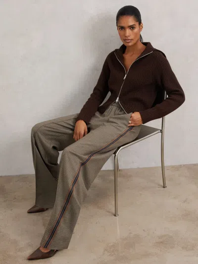 Reiss Neutral Check Petite Side-stripe Wide-leg Check Trousers In Brown
