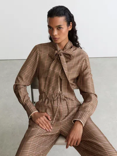 Reiss Neutral Check Tie-neck Blouse In Brown