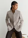 Reiss Neutral Check Wool-blend Check Collarless Blazer In Neutral Check