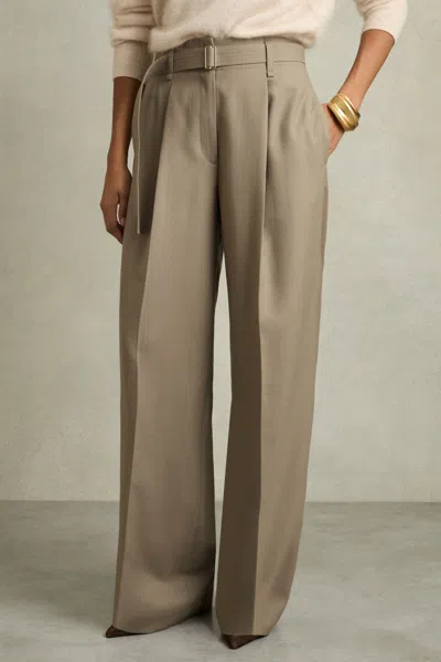 REISS NEUTRAL CLARA WOOL BELTED WIDE-LEG TROUSERS