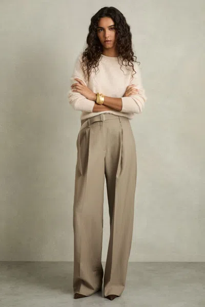 Reiss Neutral Clara Wool Belted Wide-leg Trousers