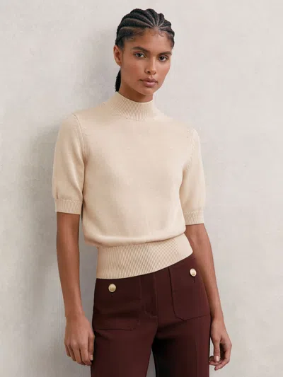 Reiss Neutral Cotton And Wool Funnel-neck Knit Top