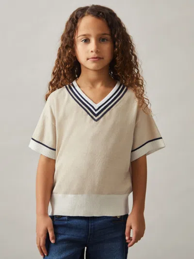 Reiss Kids' Neutral Cotton-linen Knit V-neck Cricket Top