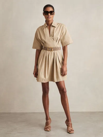Reiss Neutral Cotton Pleated Shirt Dress