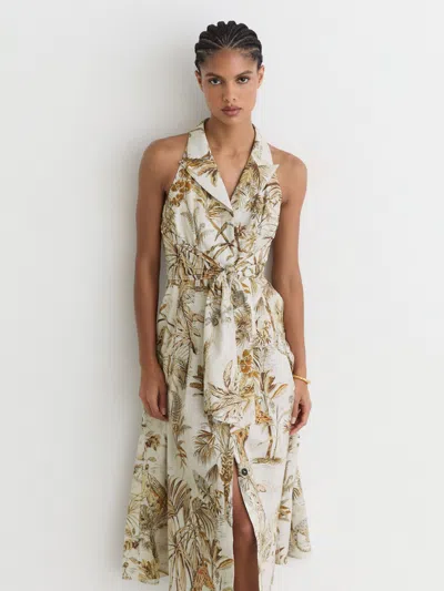 Reiss Neutral Cotton Safari-print Tailored Midi Dress In Metallic