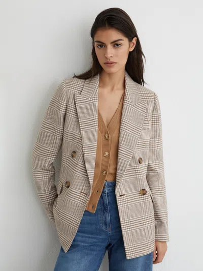 Reiss Neutral Double-breasted Check Blazer Cotton-linen
