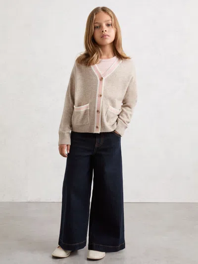 Reiss Kids'  Neutral Eloise 3-9 Yrs Wool-blend Tipped Cardigan With Cashmere In Blue