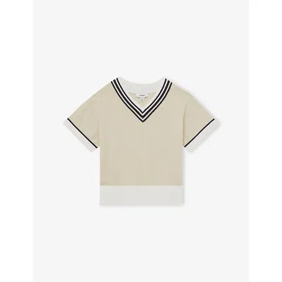 Reiss Kids' Neutral Ida Striped-trim Linen And Cotton-blend Cricket Top 9-13