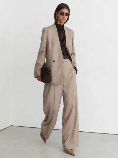 Reiss Neutral Juniper Petite Collarless Double-breasted Suit Blazer Wool-blend