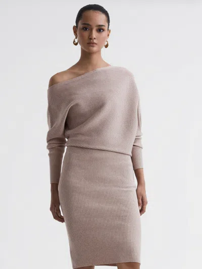 REISS REISS NEUTRAL LARA OFF-THE-SHOULDER RIBBED MIDI DRESS