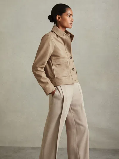 Reiss Neutral Leather Trucker Jacket