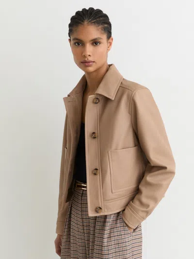 Reiss Neutral Leather Trucker Jacket In Brown