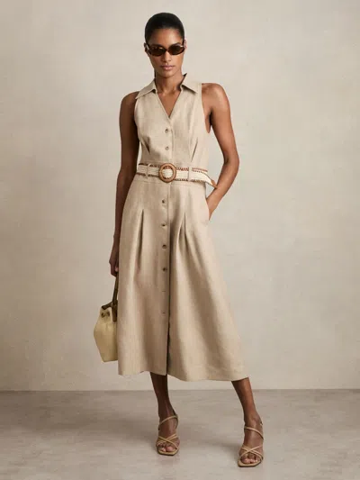 REISS REISS NEUTRAL ANNIE LINEN BELTED SLEEVELESS MIDI DRESS