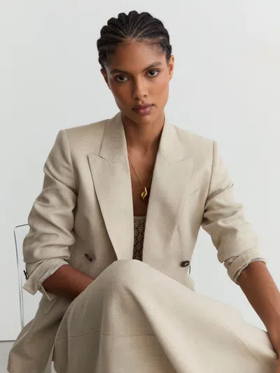 Reiss Neutral Linen Double-breasted Suit Blazer In Brown