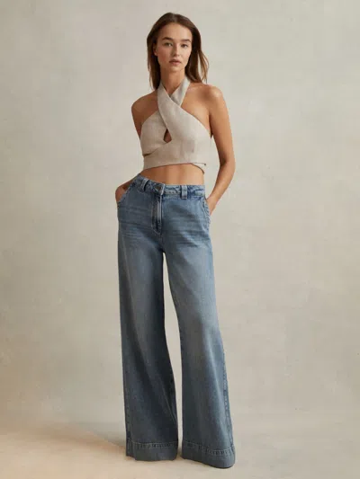 Reiss Neutral Linen Halter Neck Cropped Top In Gray