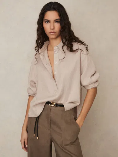 Reiss Neutral Linen Overhead Open-collar Shirt