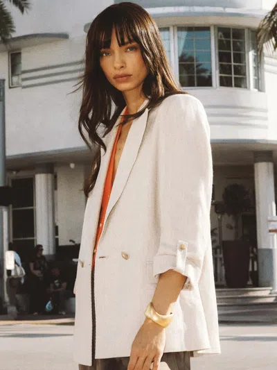 Reiss Neutral Linen-blend Textured Double-breasted Blazer In White