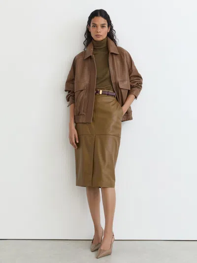 Reiss Neutral Maeve Petite Petite Grained-leather Twin-pocket Relaxed Jacket In Brown