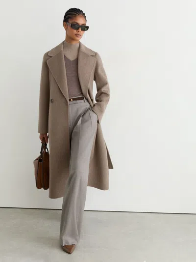 Reiss Neutral Melange Petite Wool-blend Double-breasted Blind-seam Coat With Cashmere In Brown