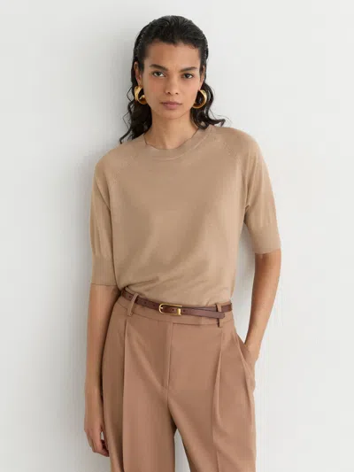 Reiss Neutral Merino Wool Mock-neck T-shirt In Brown