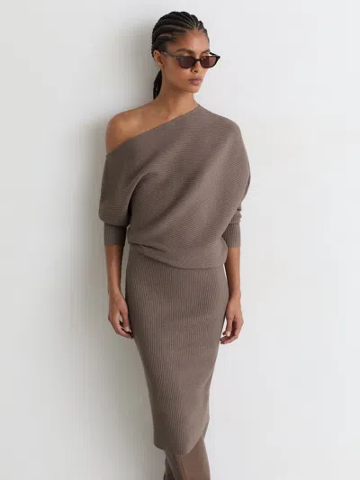 Reiss Neutral Off-the-shoulder Ribbed Midi Dress In Brown