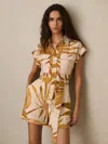 Reiss Neutral Palm Print Belted Playsuit In Gold