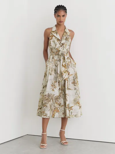 Reiss Neutral Petite Cotton Safari-print Tailored Midi Dress In Brown