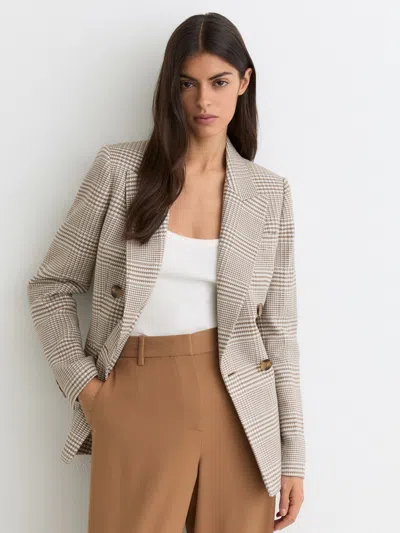 Reiss Neutral Petite Double-breasted Check Blazer Cotton-linen In Brown